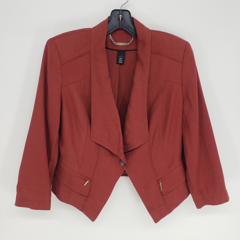White House Black Market Shawl Lapel Blazer Women 2 Rust Red Cropped Linen Blend